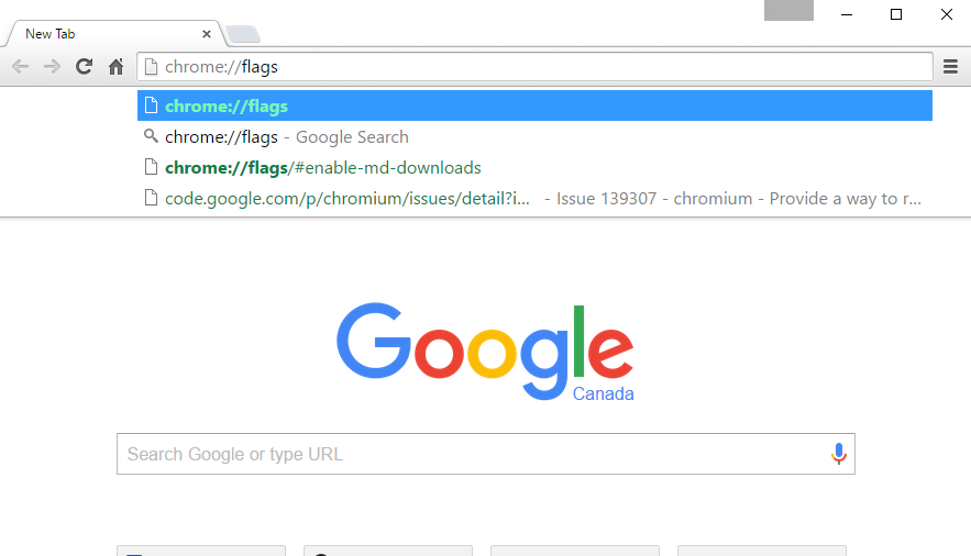 Shows chrome://flags inputted in the address bar